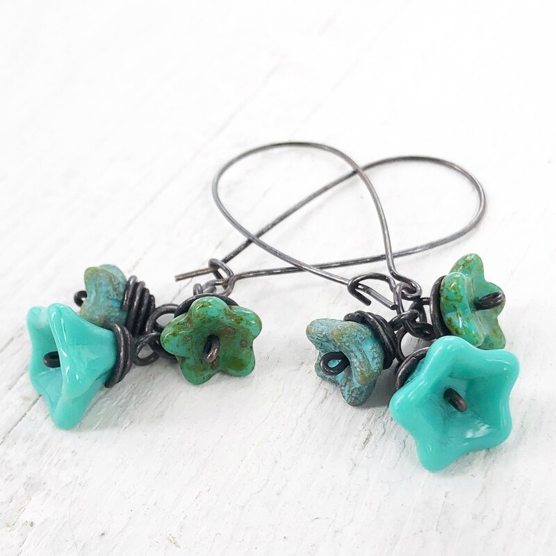 Turquoise Glass Flowers Copper Wirework Earrings