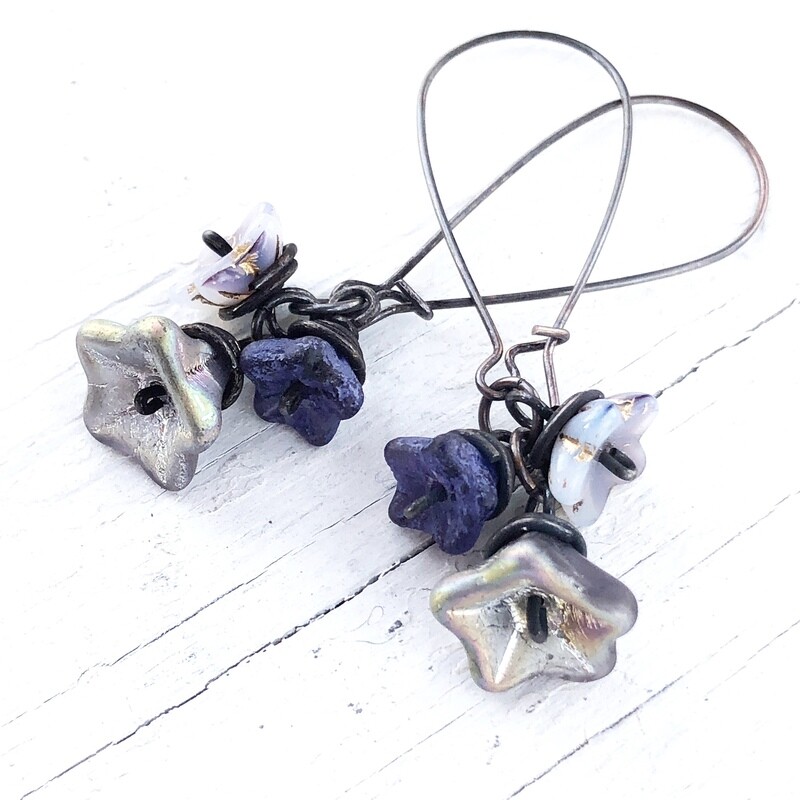 Violet Purple Glass Flowers Copper Wirework Earrings