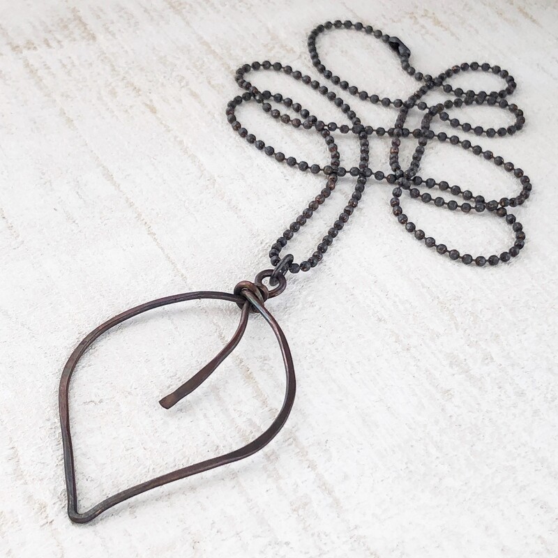 Large Leaf Long Oxidized Copper Necklace