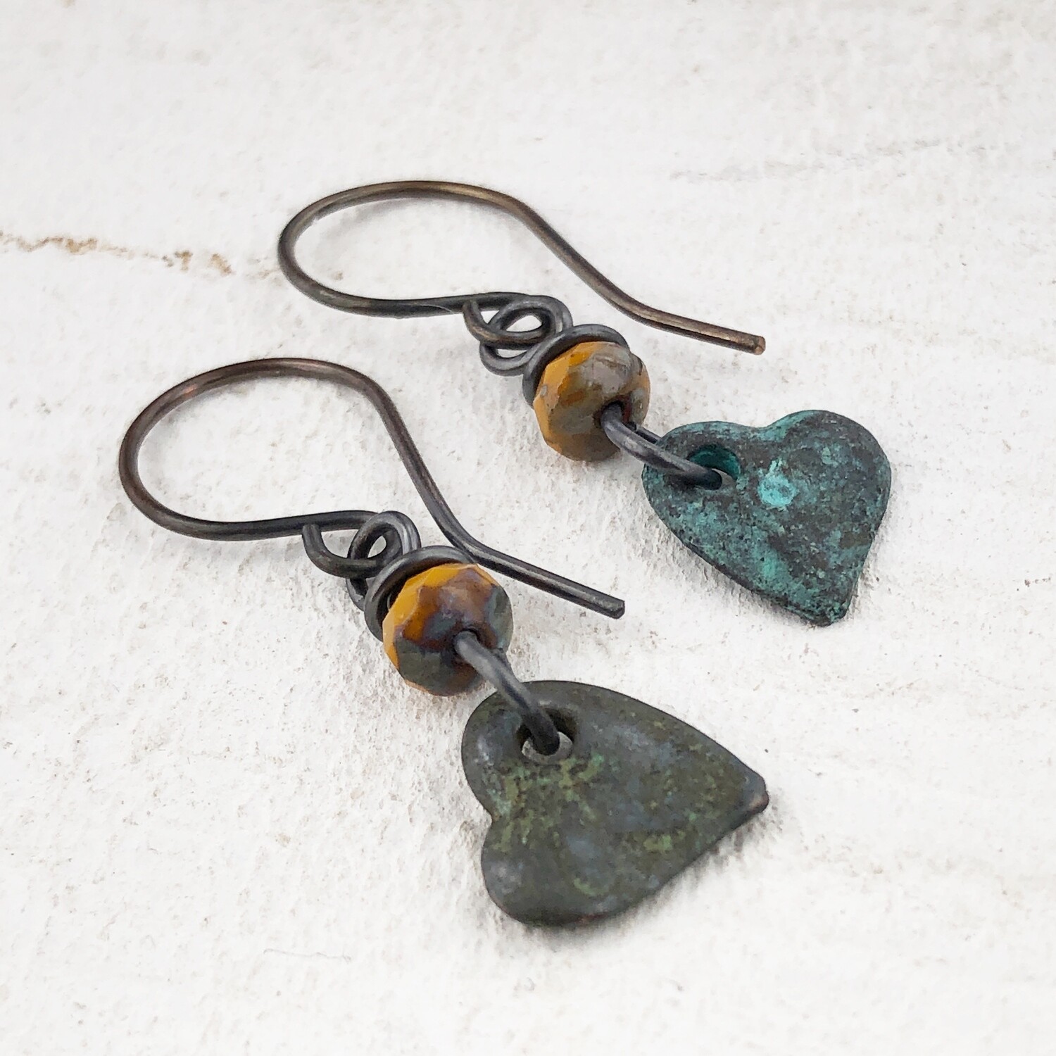 Verdigris Heart Earrings with Bead, Copper Earwires