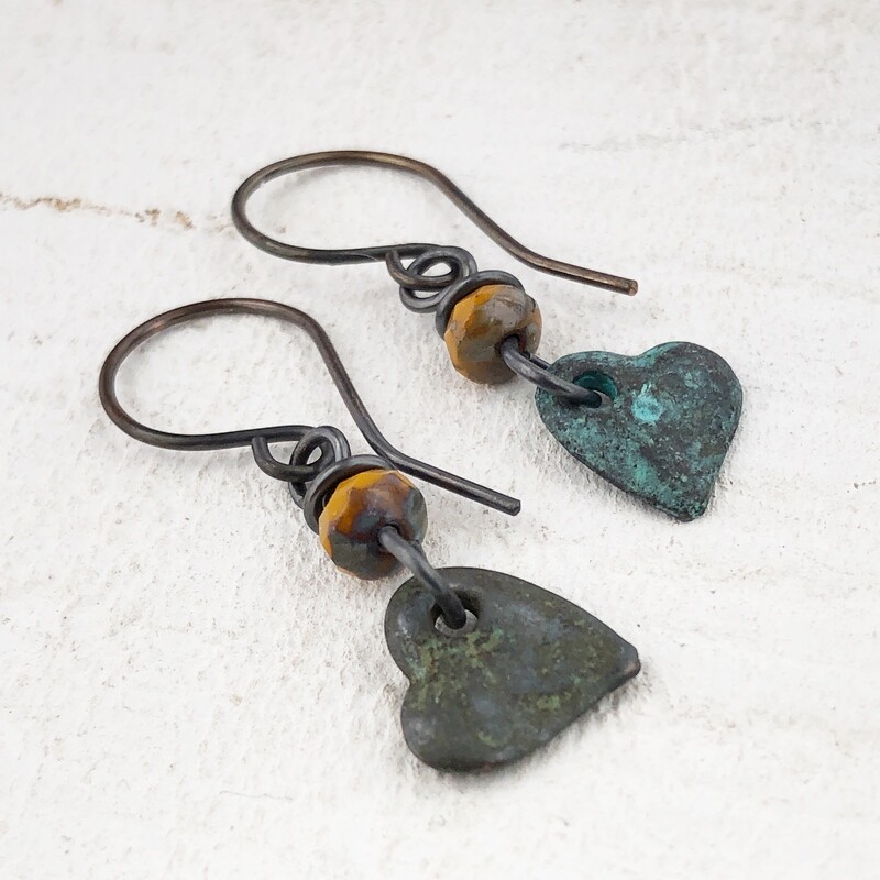 Verdigris Heart Earrings with Bead, Copper Earwires