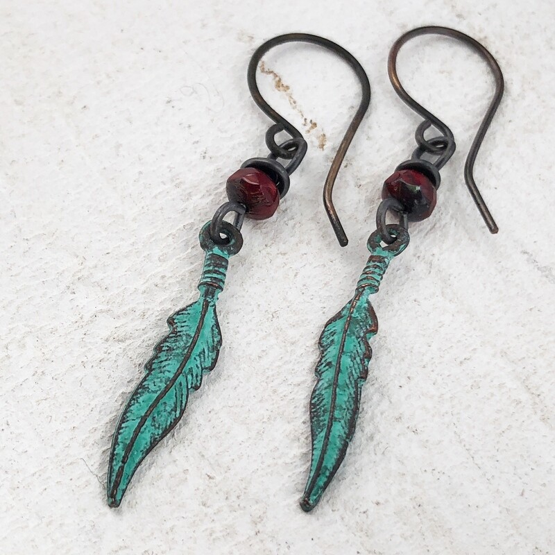 Verdigris Feather Earrings with Bead, Copper Earwires