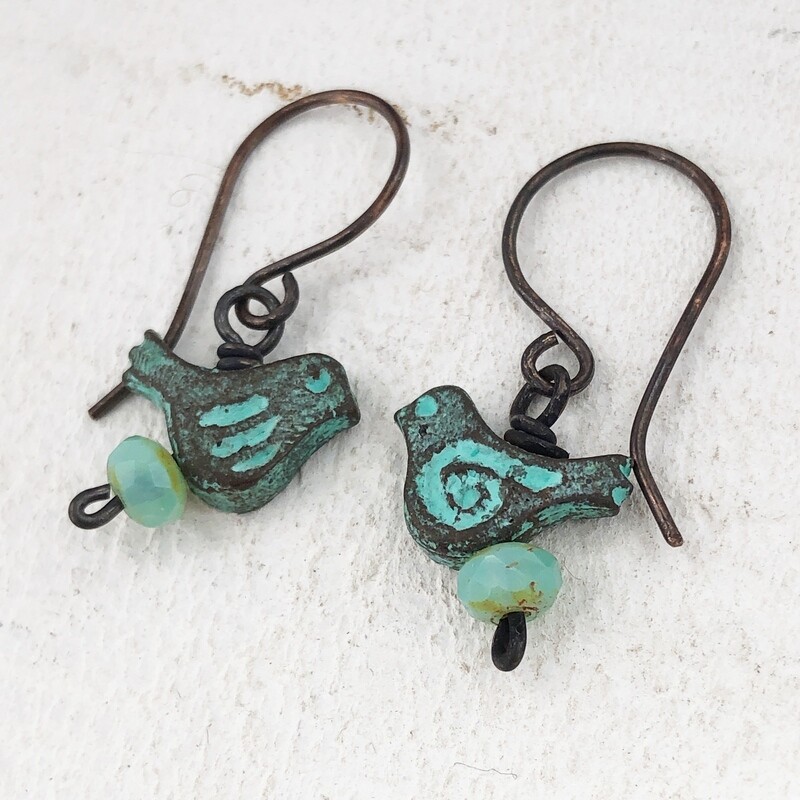Verdigris Bird Earrings with Bead, Copper Earwires