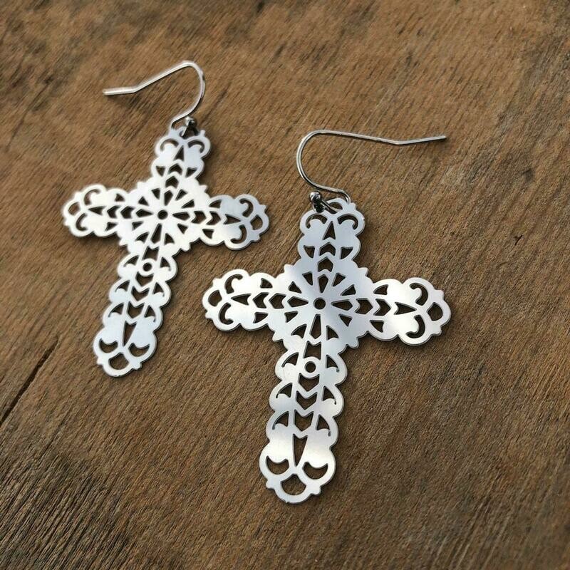 Filigree Cross Earrings, Stainless Steel Earring Pair French hooks ball tip, Silver Lightweight non-tarnish shiny