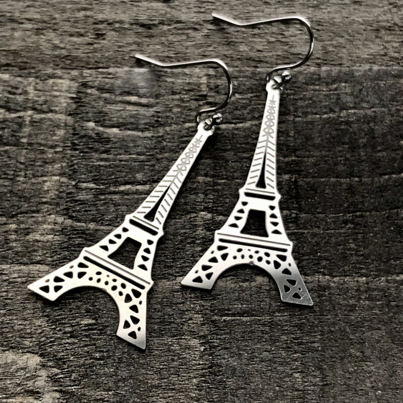 Eiffel Tower Earrings, Paris Stainless Steel Earring, French hooks ball tip Pair Lightweight Shiny Silver