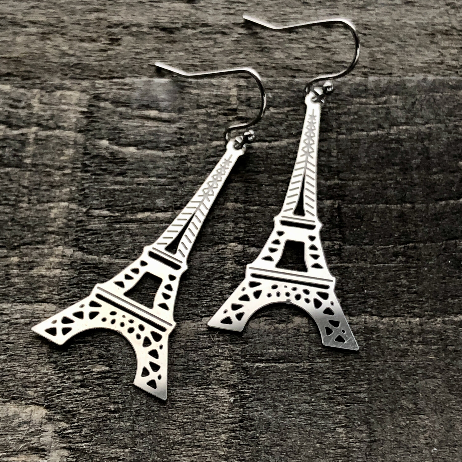 Eiffel Tower Earrings, Paris Stainless Steel Earring, French hooks ball tip Pair Lightweight Shiny Silver
