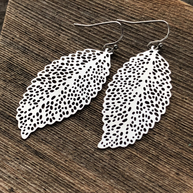 Leaf Earrings with French hooks ball tip, Cut out Filigree Leaves Stainless Steel Earring Pair, Silver Lightweight non-tarnish Feather