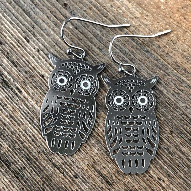 Owl Earrings with French hooks ball tip, Cut out Filigree Owls Stainless Steel Earring Pair, Silver Lightweight non-tarnish Bird