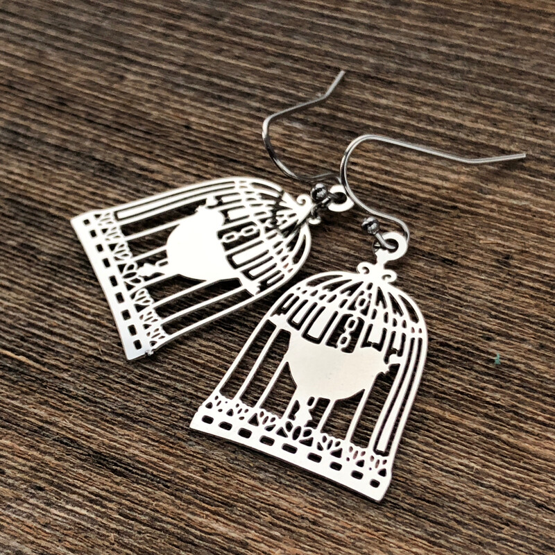 Birdcage Earrings, Bird in cage, Stainless Steel Earring, French hooks ball tip Pair Lightweight Shiny Silver