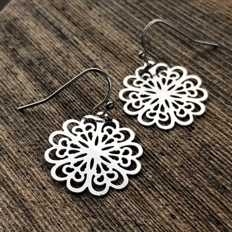 Silver Doily Filigree Earrings, 6 Petal Flower Snowflake with French hooks ball tip, Stainless Steel Earring Pair, Lightweight