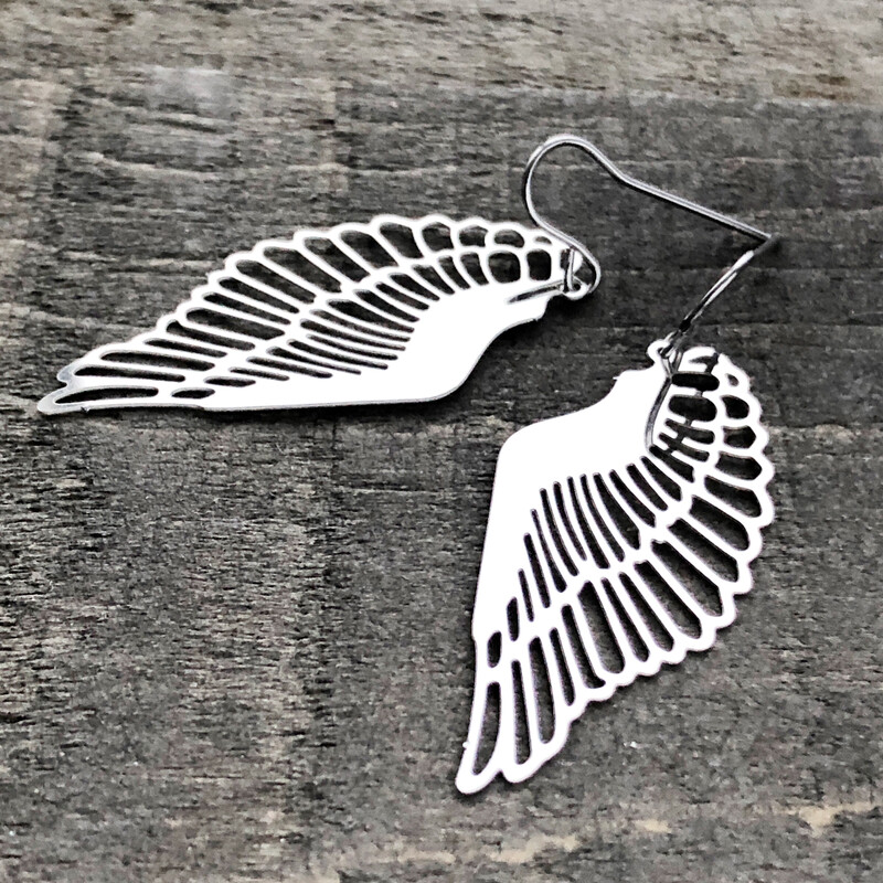 Wing Earrings with French hooks ball tip, Cut out Filigree Angel Wings, Stainless Steel Earring Pair, Silver Lightweight non-tarnish shiny
