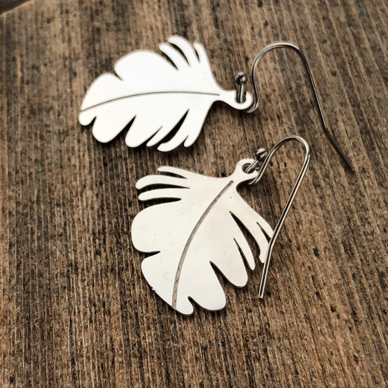 Feather Earrings, Leaf Stainless Steel Earring Pair with French hooks ball tip, Silver Lightweight non-tarnish Feather