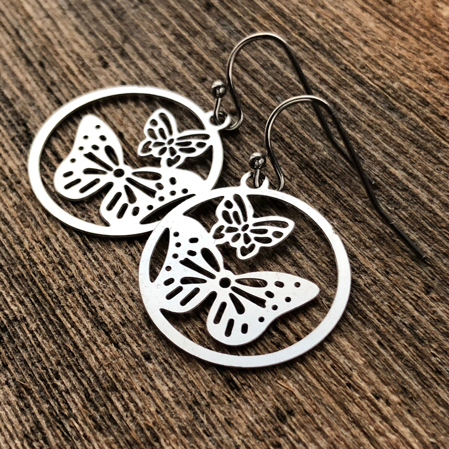 Butterfly Earrings with French hooks ball tip, Cut out Filigree Butterfly Stainless Steel Earring Pair, Silver Lightweight non-tarnish shiny