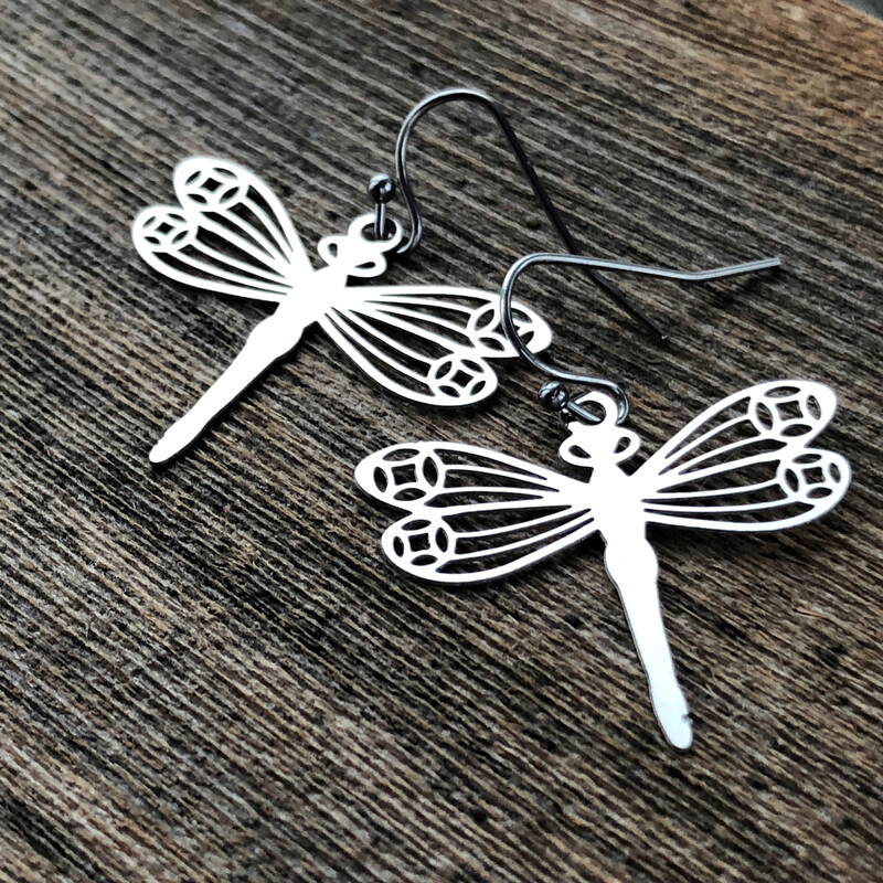 Dragonfly Earrings with French hooks ball tip, Cut out Filigree Dragonflies Stainless Steel Earring Pair, Silver Lightweight non-tarnish