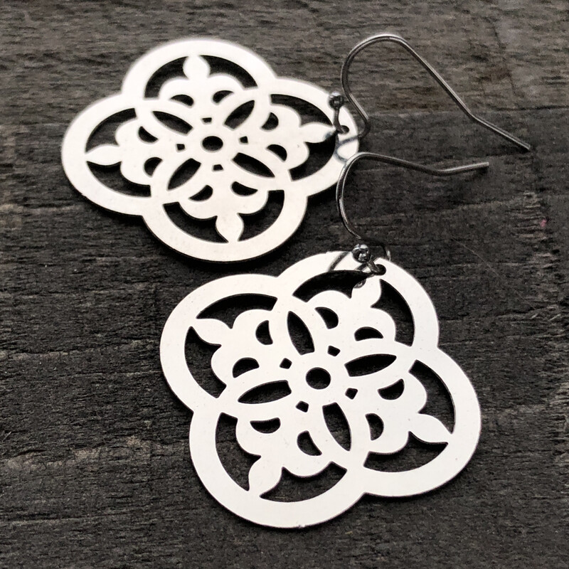 Quatrefoil Filigree Earrings with French hooks ball tip, Stainless Steel Earring Pair, Silver Lightweight non-tarnish shiny