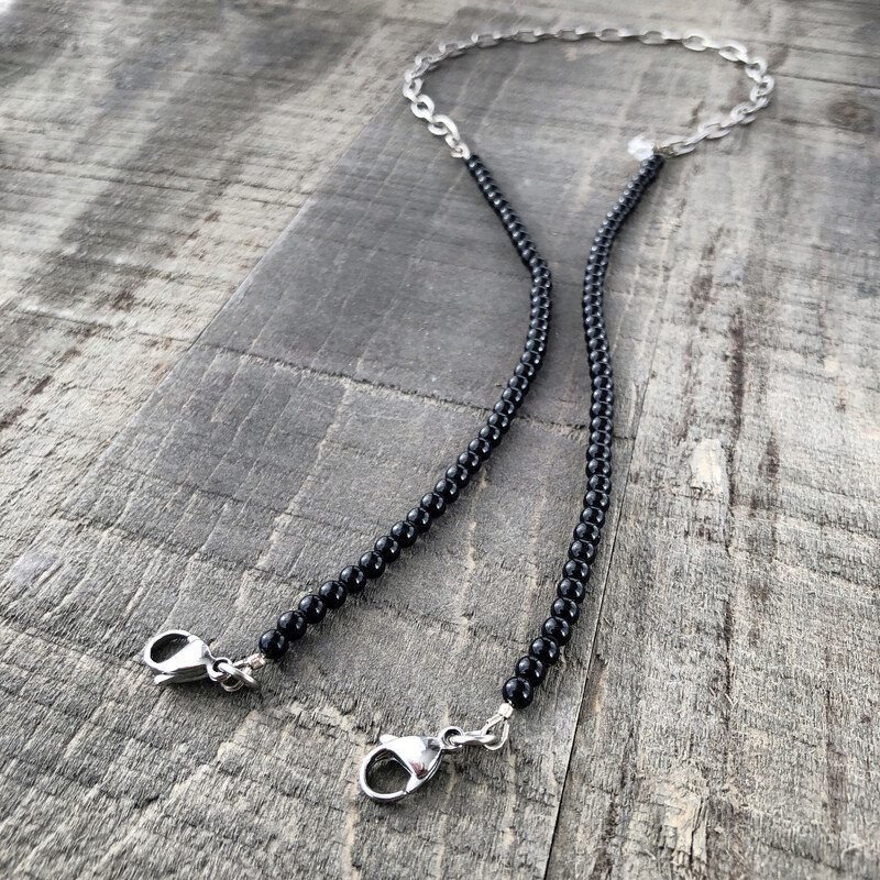 Black Beaded Lanyard For Mask, Black With Silver Colour Chain Lanyard OOAK