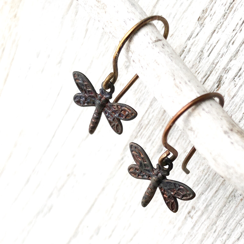 Tiny Dragonfly Brass Earrings with Handmade French hooks, Patina’d Charms Little Antiqued Brass Dragonflies