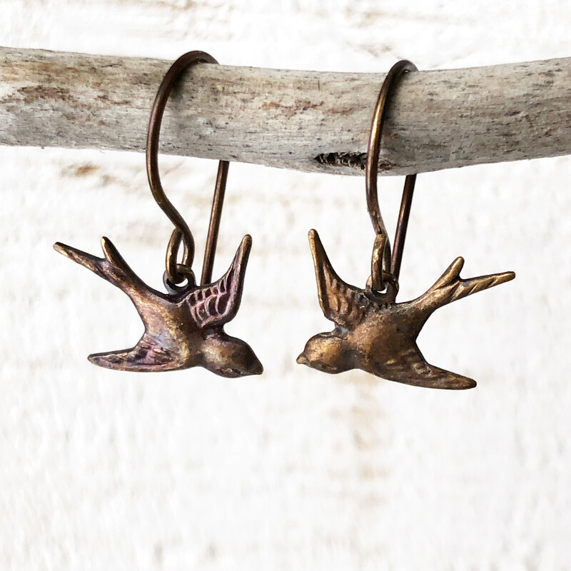 Little Bird Brass Earrings with Handmade French hooks, Patina’d Charms Little Antiqued Brass Sparrows