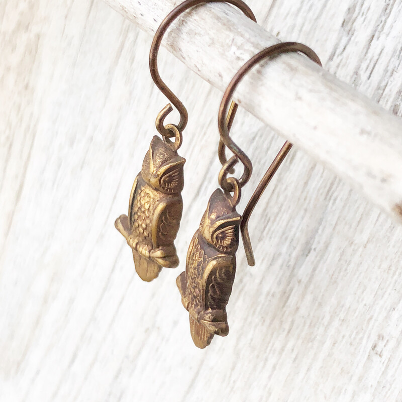 Little Owl Brass Earrings with Handmade French hooks, Patina’d Charms Little Antiqued Brass Owls