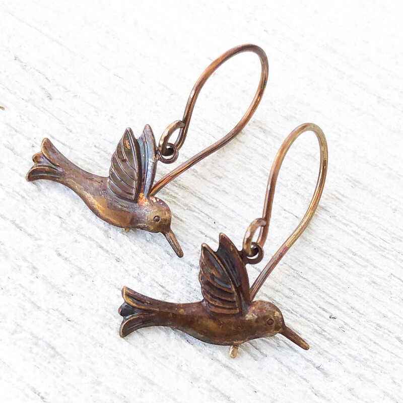 Hummingbird Brass Earrings with Handmade French hooks, Patina’d Charms Little Antiqued Brass Bird
