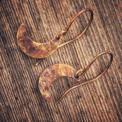Crescent Moon Brass Earrings with Handmade French hooks, Patina’d Charms Little Antiqued Brass