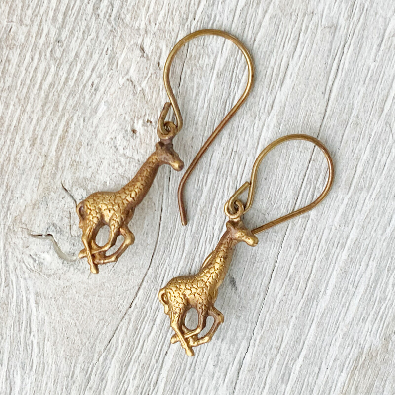 Giraffe Brass Earrings with Handmade French hooks, Patina’d Charms Little Antiqued Brass Artiodactyl