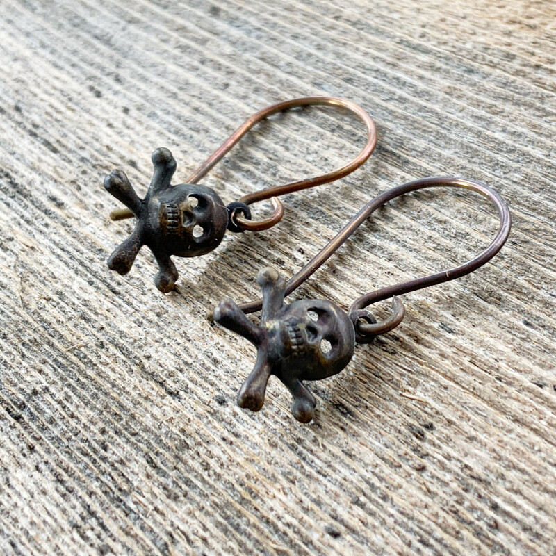 Tiny Skulls Brass Earrings with Handmade French hooks, Patina’d Charms Little Antiqued Brass Skull
