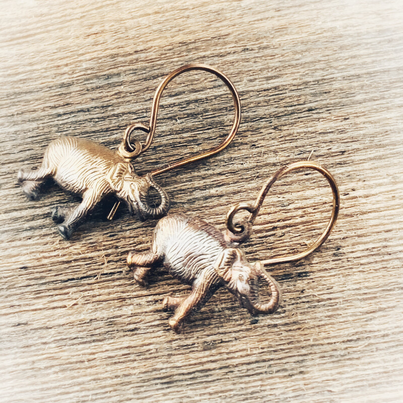 Elephant Brass Earrings with Handmade French hooks, Patina’d Charms Little Antiqued Brass Elephants