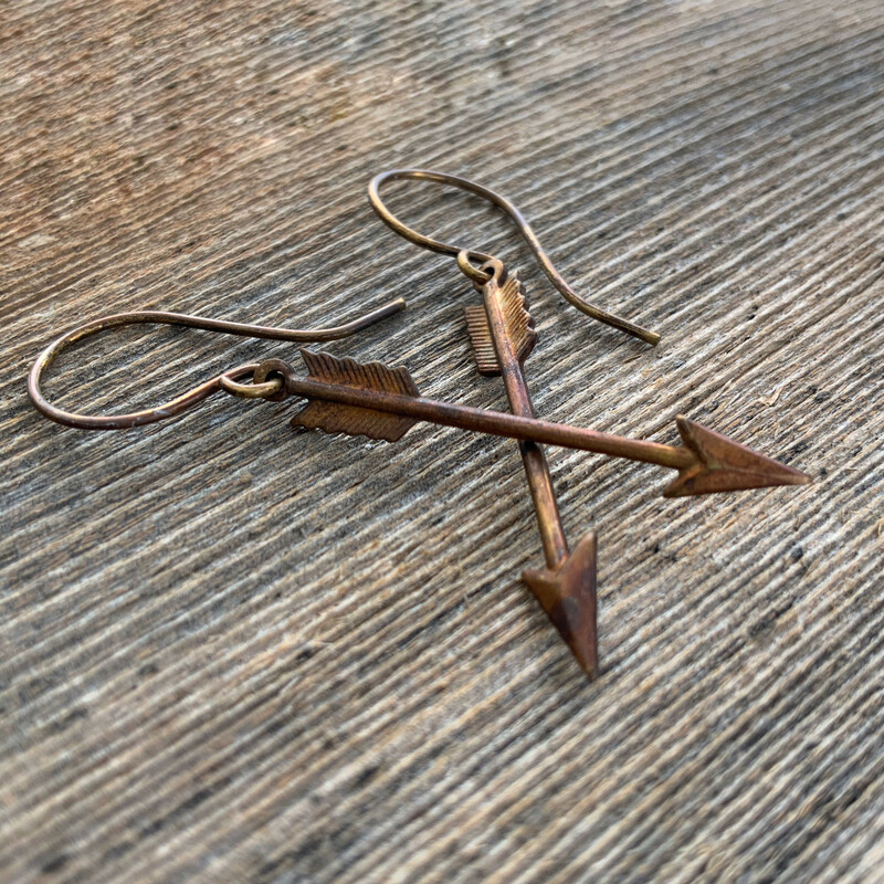 Arrow Brass Earrings with Handmade French hooks, Patina’d Charms Little Antiqued Brass Arrows