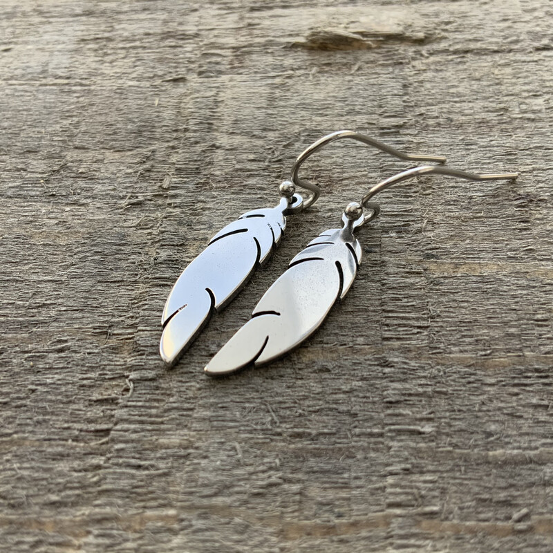 Feather Earrings, Small Feather Stainless Steel Earring, Shiny Silver Long Dangle, Hypoallergenic