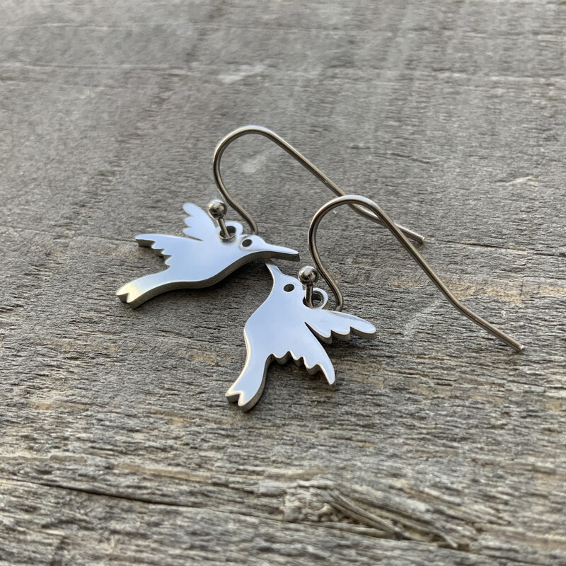 Tiny Hummingbird Earrings, Stainless Steel Earring, Small Shiny Silver Dangle, Hypoallergenic