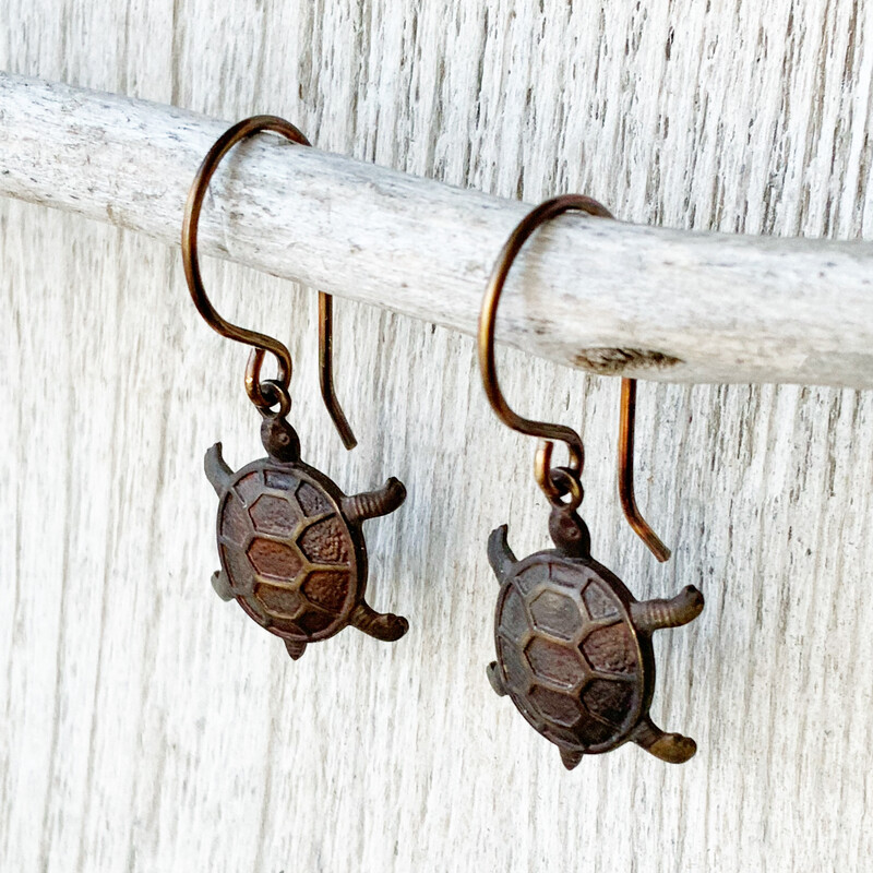 Tortoise Brass Earrings with Handmade French hooks, Patina’d Charms Little Antiqued Brass Turtle