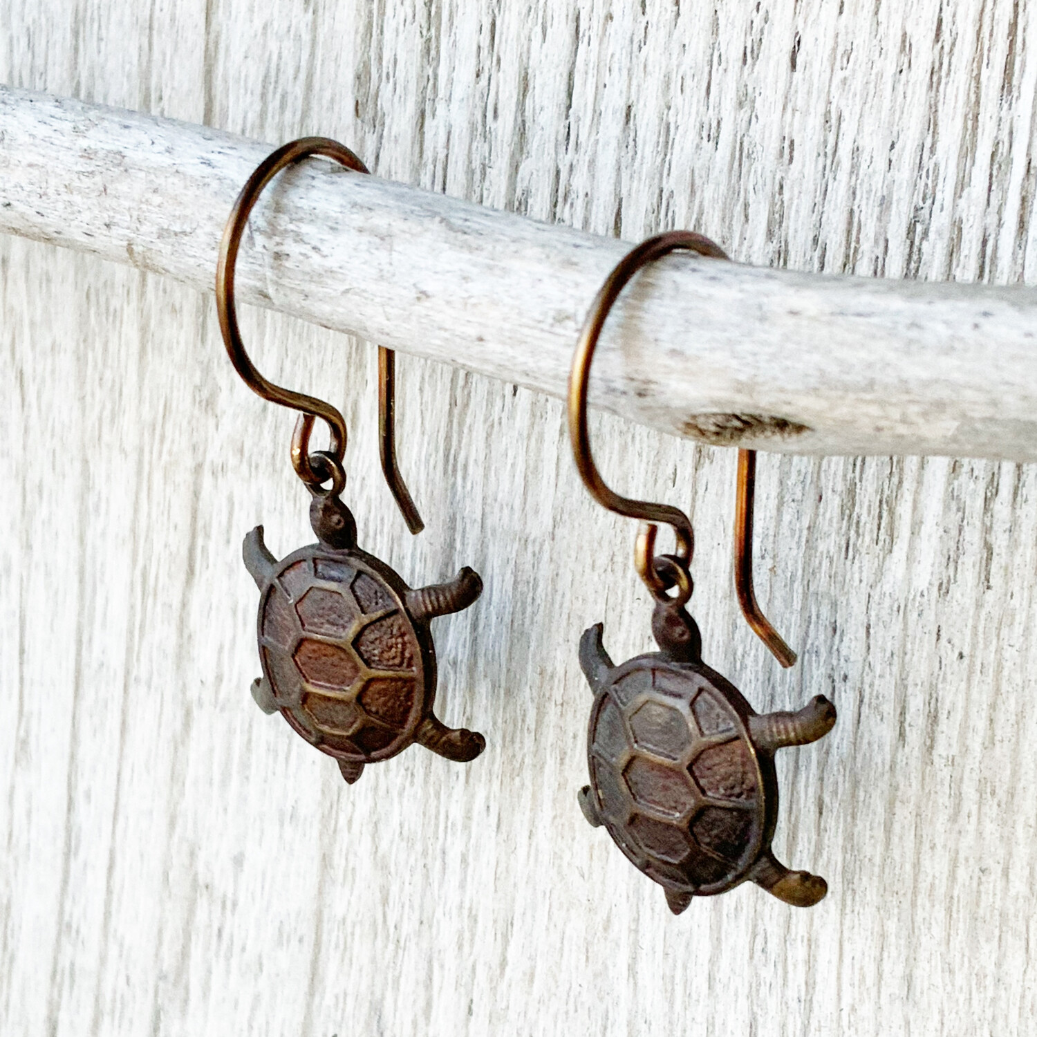 Tortoise Brass Earrings with Handmade French hooks, Patina’d Charms Little Antiqued Brass Turtle