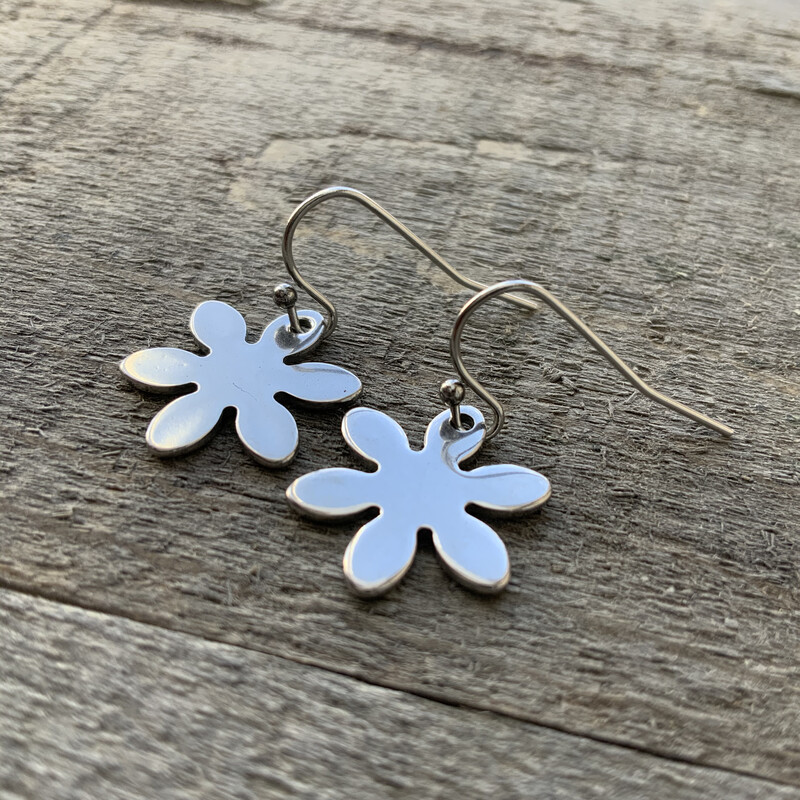 Daisy Flat Flower Earrings, Asterisk Stainless Steel Earring, Shiny Silver Dangle, Hypoallergenic