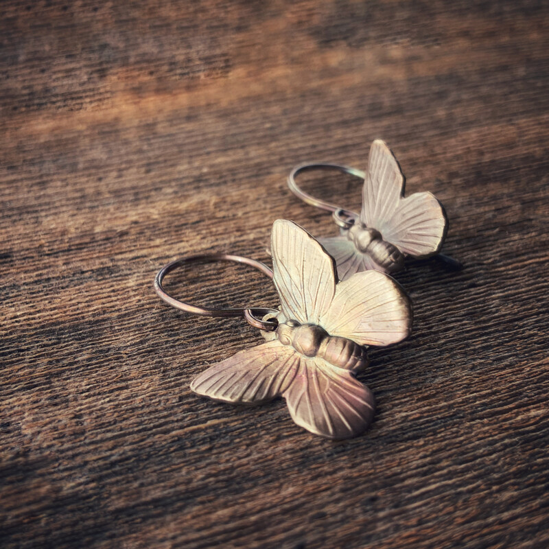 Butterfly Patina Brass Earrings with Handmade French hooks, Little Antiqued Brass Moth