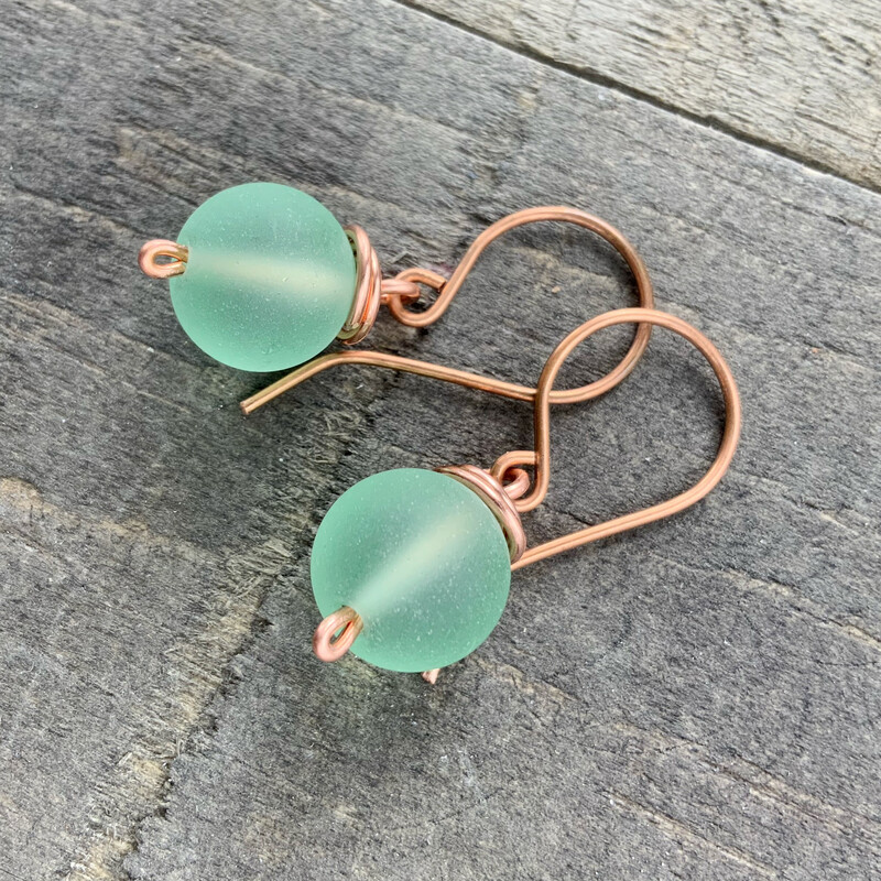 Frosted Green Earrings, Copper Wrapped Faux Beach Glass