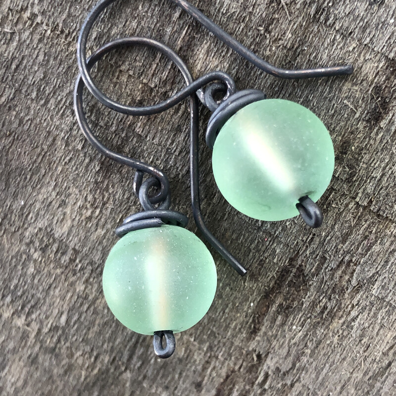 Frosted Green Earrings, Dark Copper Wrapped Faux Beach Glass