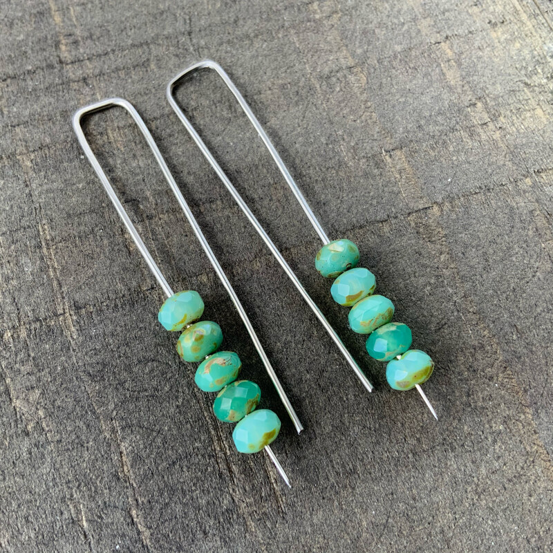 Turquoise Green Mini Glass Gem Threader Earrings, Rectangle Modern Ear Wires