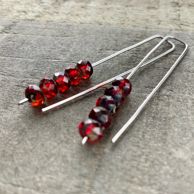 Red &amp; Blood Orange Mini Glass Gem Threader Earrings, Rectangle Modern Ear Wires