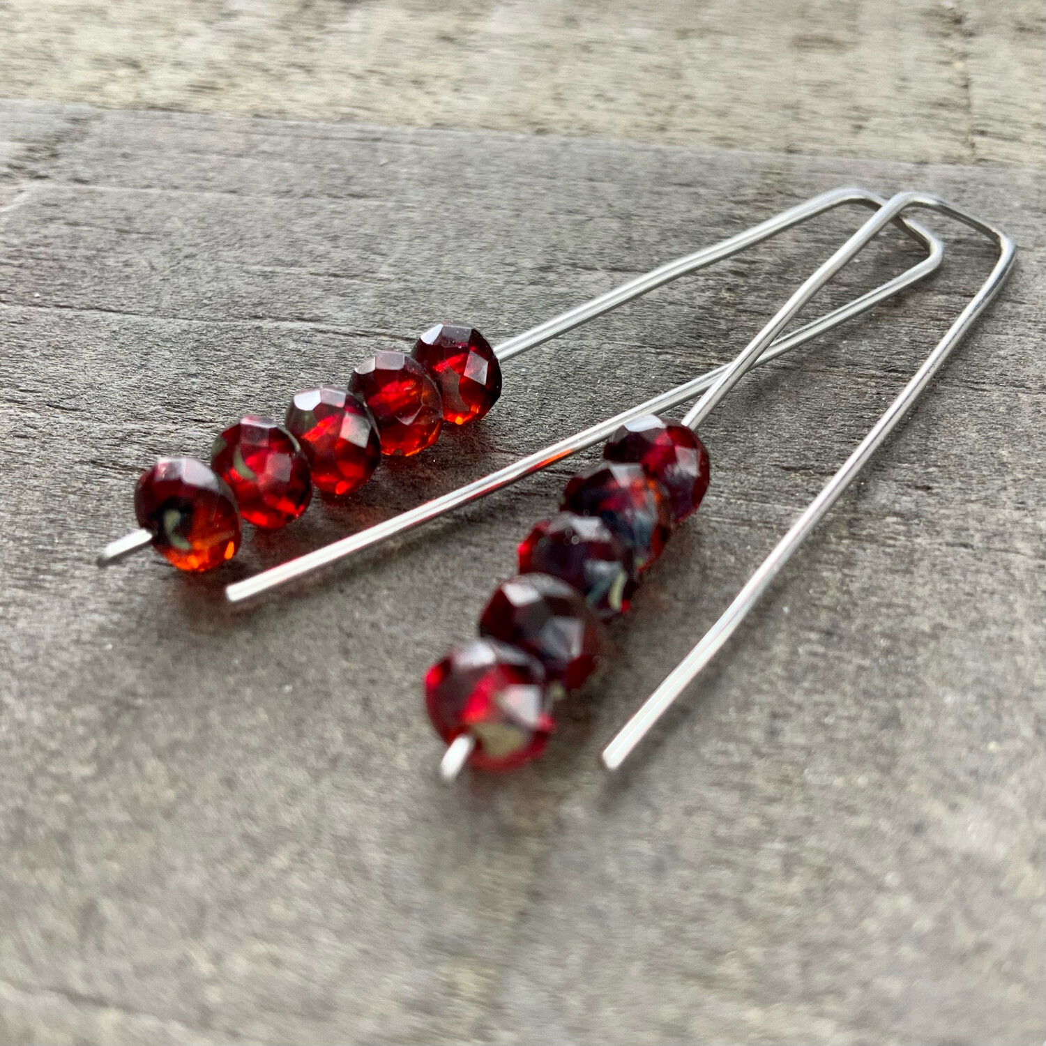 Red &amp; Blood Orange Mini Glass Gem Threader Earrings, Rectangle Modern Ear Wires