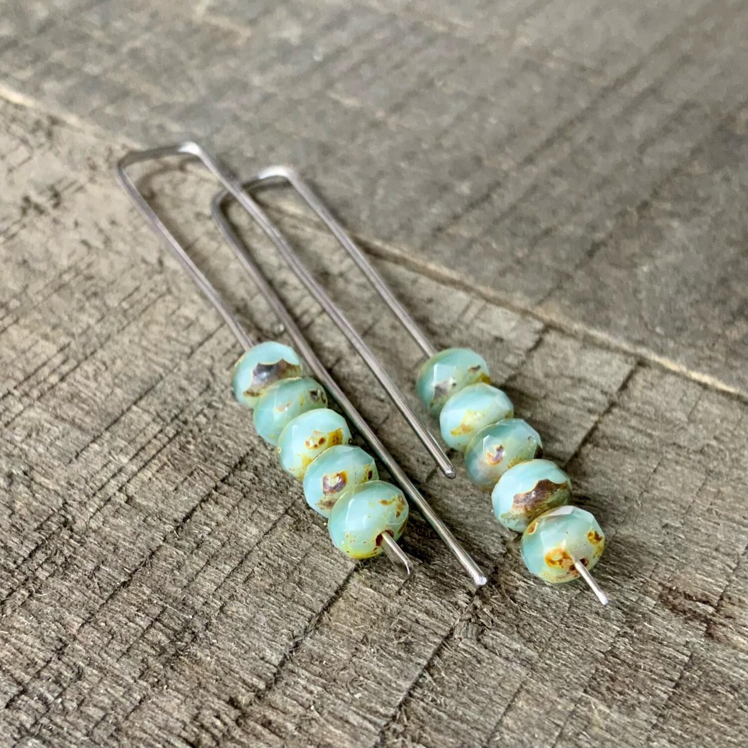 Milky Opal Seafoam Green Mini Glass Gem Threader Earrings, Rectangle Modern Ear Wires