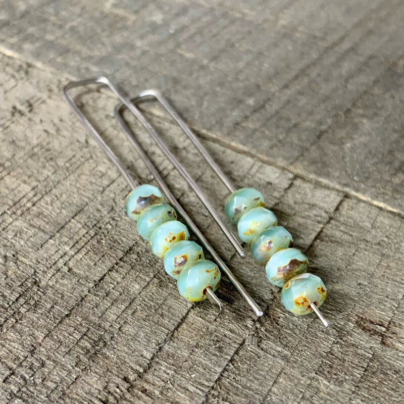 Milky Opal Seafoam Green Mini Glass Gem Threader Earrings, Rectangle Modern Ear Wires