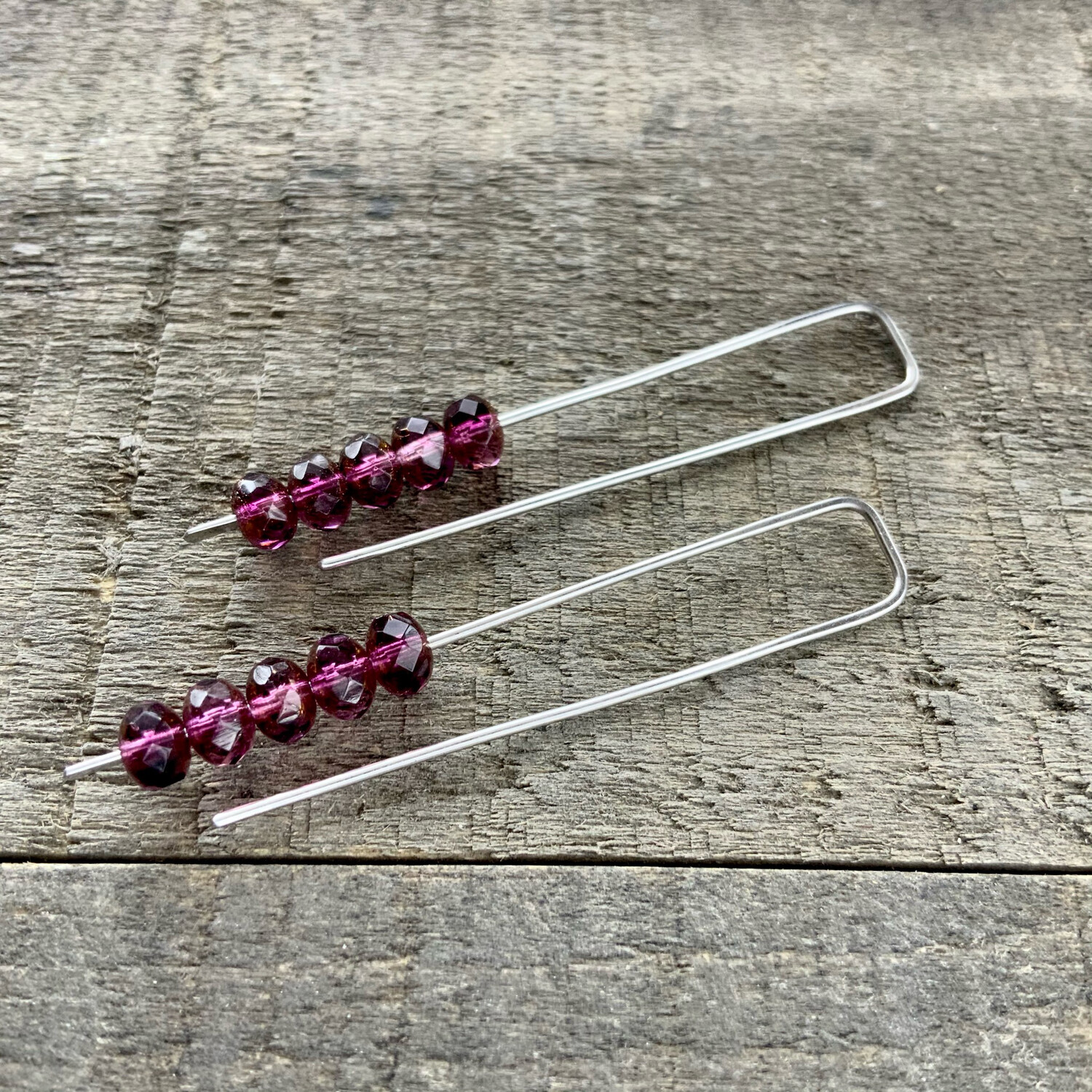 Amethyst Purple Mini Glass Gem Threader Earrings, Rectangle Modern Ear Wires