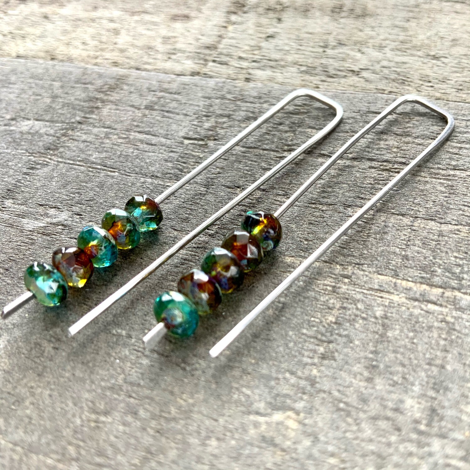 Topaz Blue Amber Mix Mini Glass Gem Threader Earrings, Rectangle Modern Ear Wires