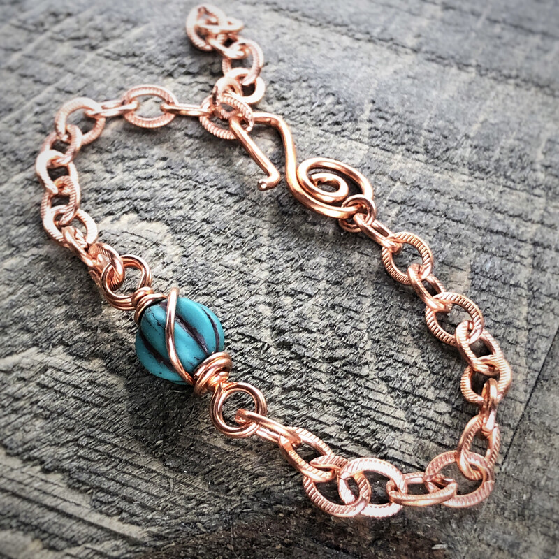 Single Bead Adjustable Copper Bracelet, Wire Wrapped Fluted Turquoise Glass