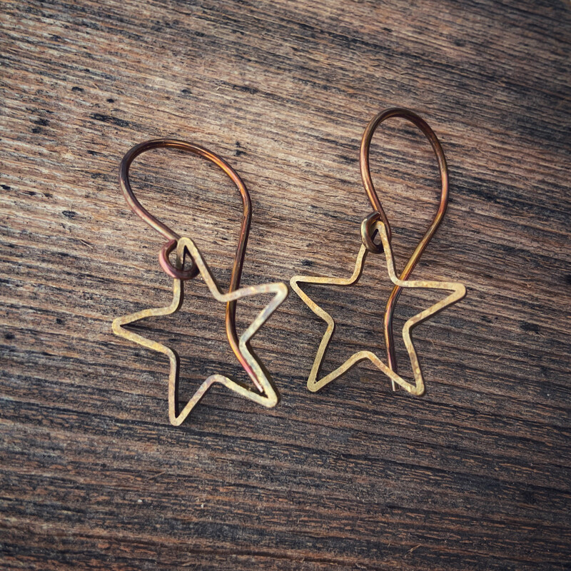 Open Star Brass Earrings with Handmade French hooks, Hammered Antiqued Brass