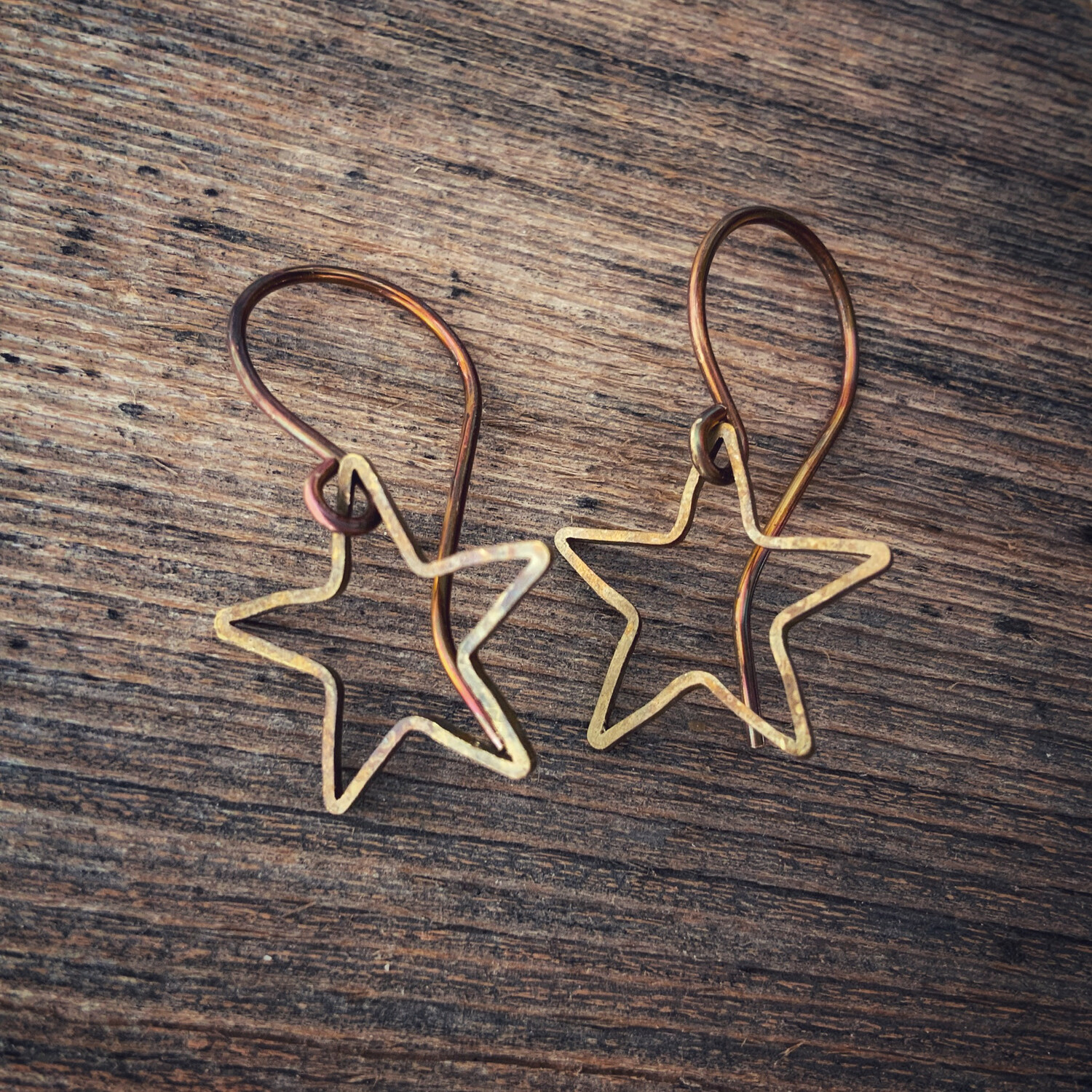 Open Star Brass Earrings with Handmade French hooks, Hammered Antiqued Brass