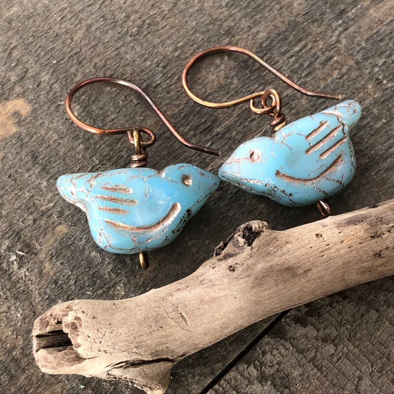 Birds Earrings, Blue Bird Glass Bead Dangle Earrings