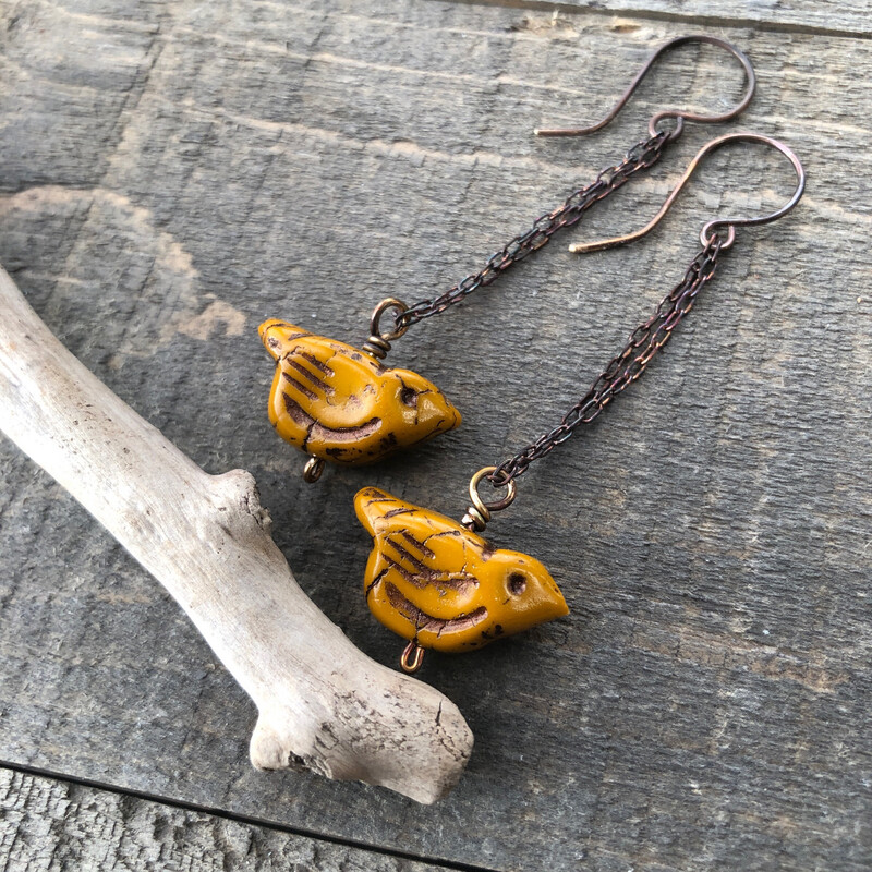 Birds Earrings, Yellow Bird Glass Bead Dangle Earrings