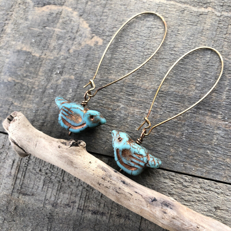 Birds Earrings, Turquoise Aqua Glass Bead Dangle Earrings